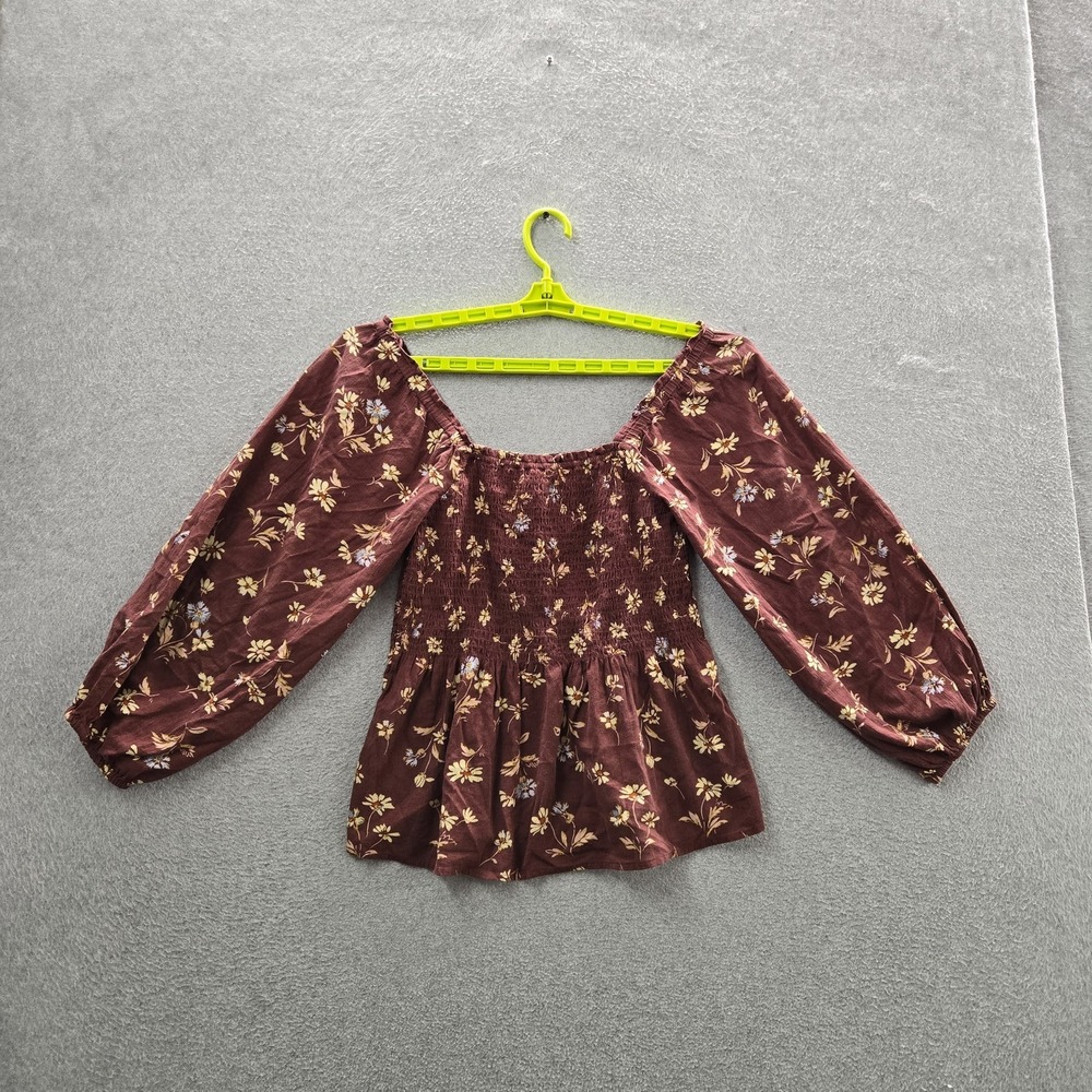 Madewell Women Blouse 2 Brown Floral Peasant Lucie Smocked Peplum Long Sleeve